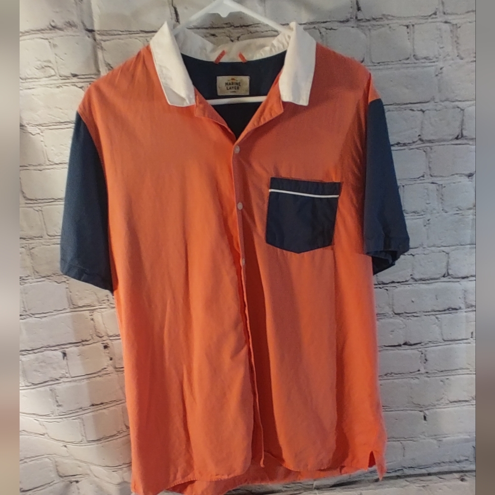 Marine Layer Orange/Pink and Navy Short Sleeve Resort Button-Down Shirt